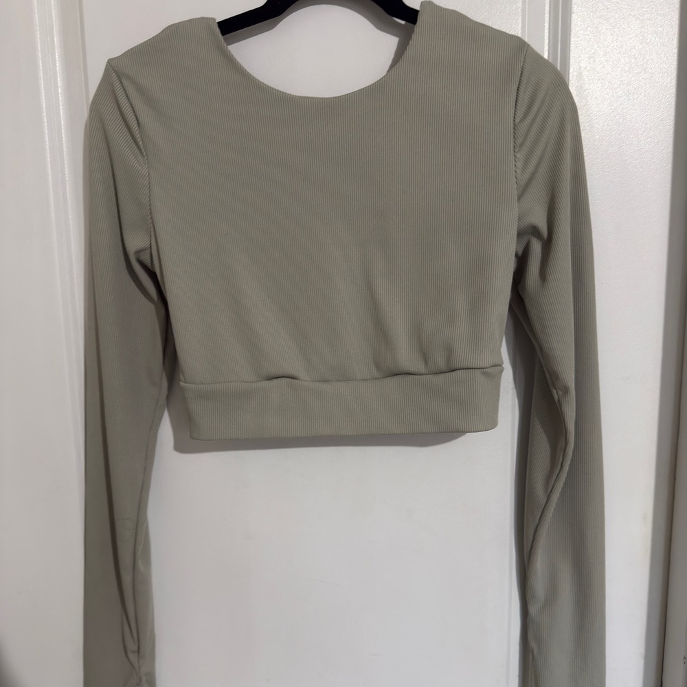 SHEIN SAGE GREEN RIBBED LACE UP BACK WORKOUT TOP THUMB HOLES XL